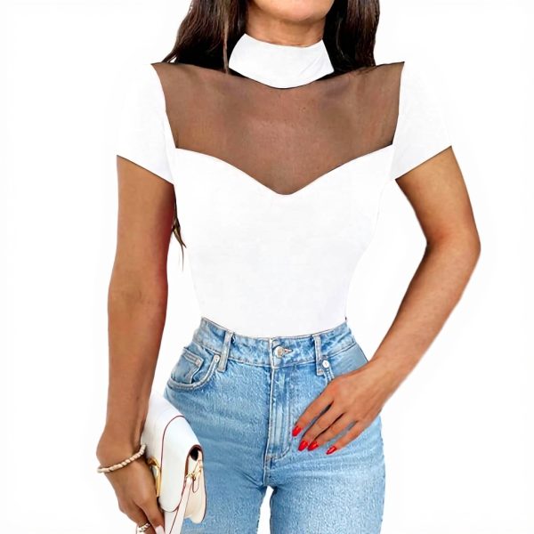 QKEPCY Body Donna Maniche Corte Trasparente Collo Alto