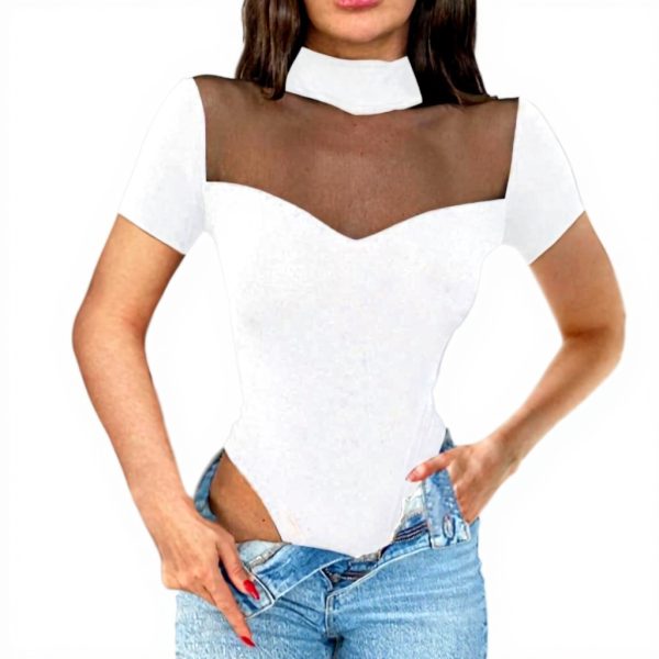 QKEPCY Body Donna Maniche Corte Trasparente Collo Alto