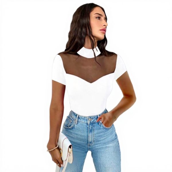 QKEPCY Body Donna Maniche Corte Trasparente Collo Alto