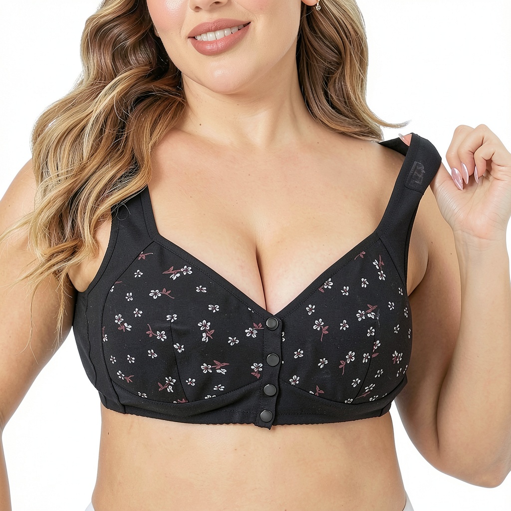 Donna che indossa il reggiseno minimizer traspirante con apertura frontale sotto una maglietta casual, che illustra la vestibilità quotidiana